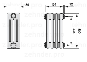 Схема (чертеж) Радиатор Zehnder Charleston 4050/4 №7610 Белый глянцевый RAL 9016